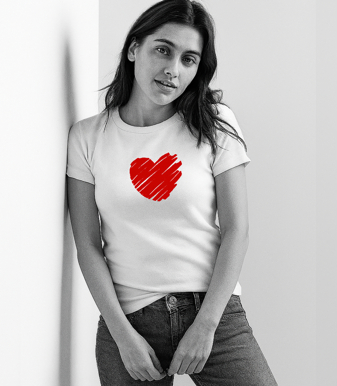 Woman wearing a white t-shirt with a red heart design on a plain background